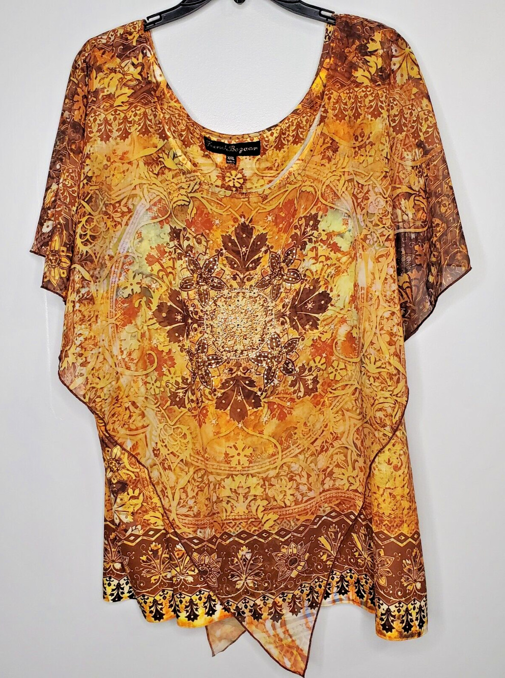 French Bazaar Womens Boho Leaf Printed Poncho Blouse Top Orange Brown SZ 3XL